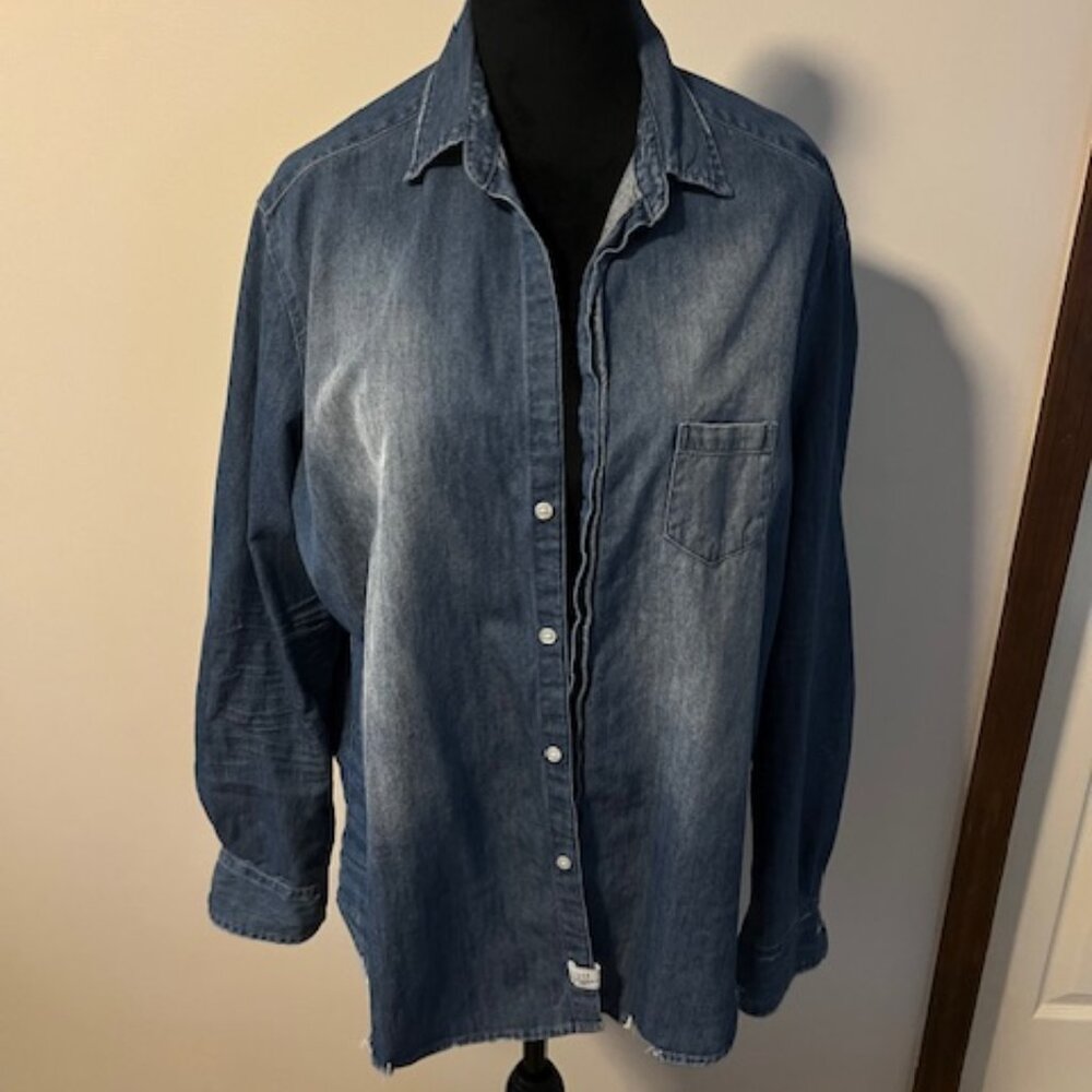Eileen Relaxed Button-Up Shirt in famous distressed denim Vintage Indigo